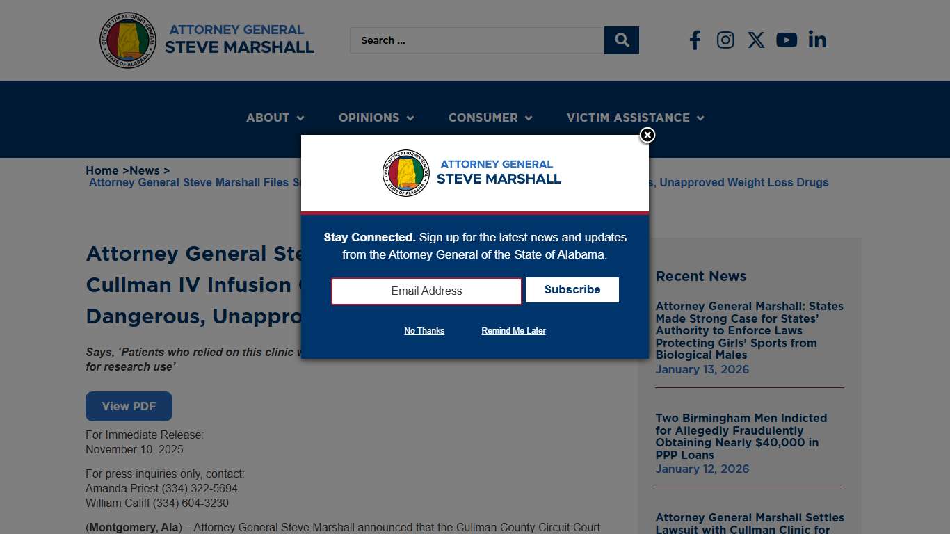 Attorney General Steve Marshall Files Suit Against Cullman IV Infusion Clinic for Administering Dangerous, Unapproved Weight Loss Drugs - Alabama Attorney General's Office